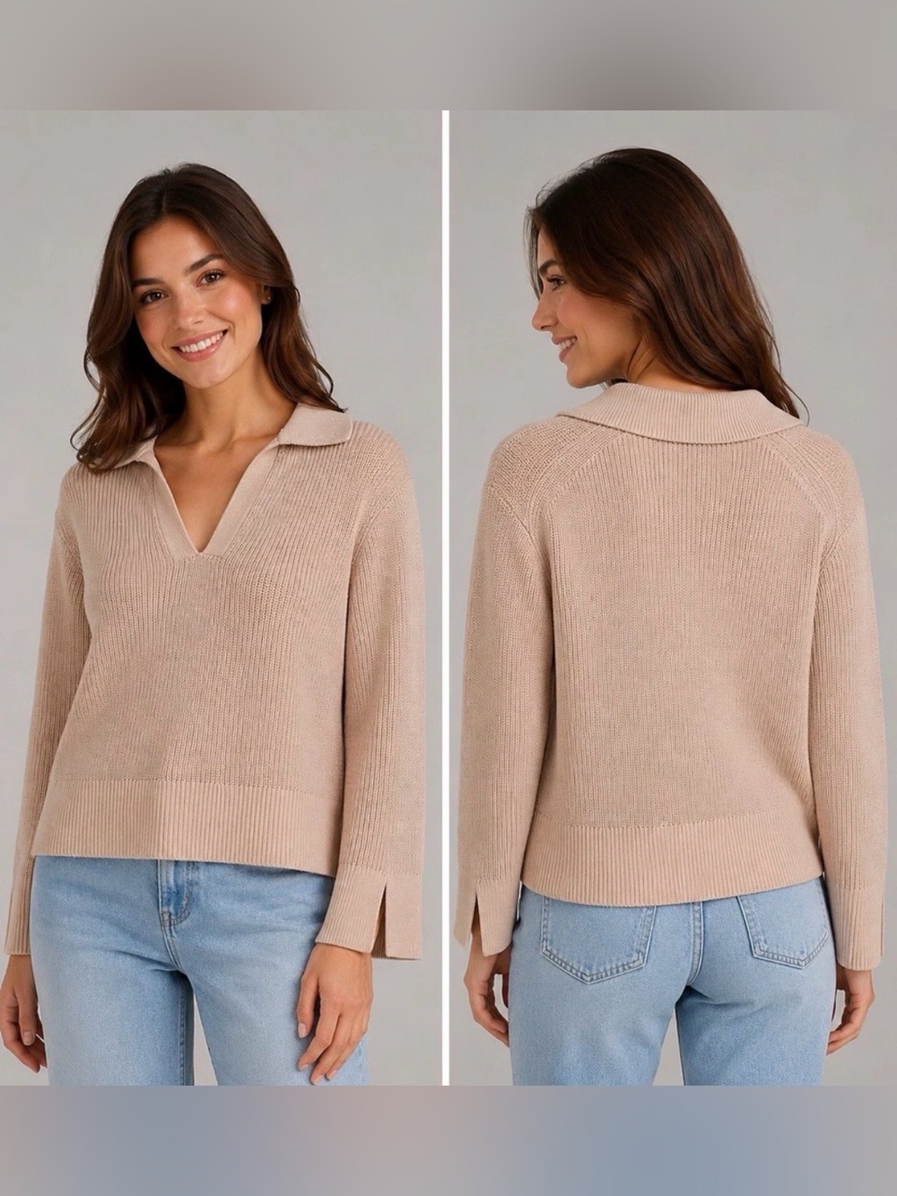 Women's Jcrew Beige V-Neck Collared cotton Sweater